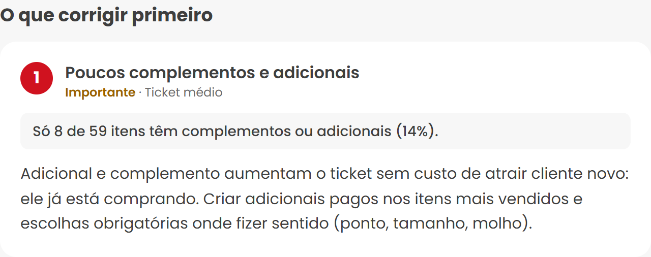Exemplo de achado do laudo com evidência numérica e ação sugerida